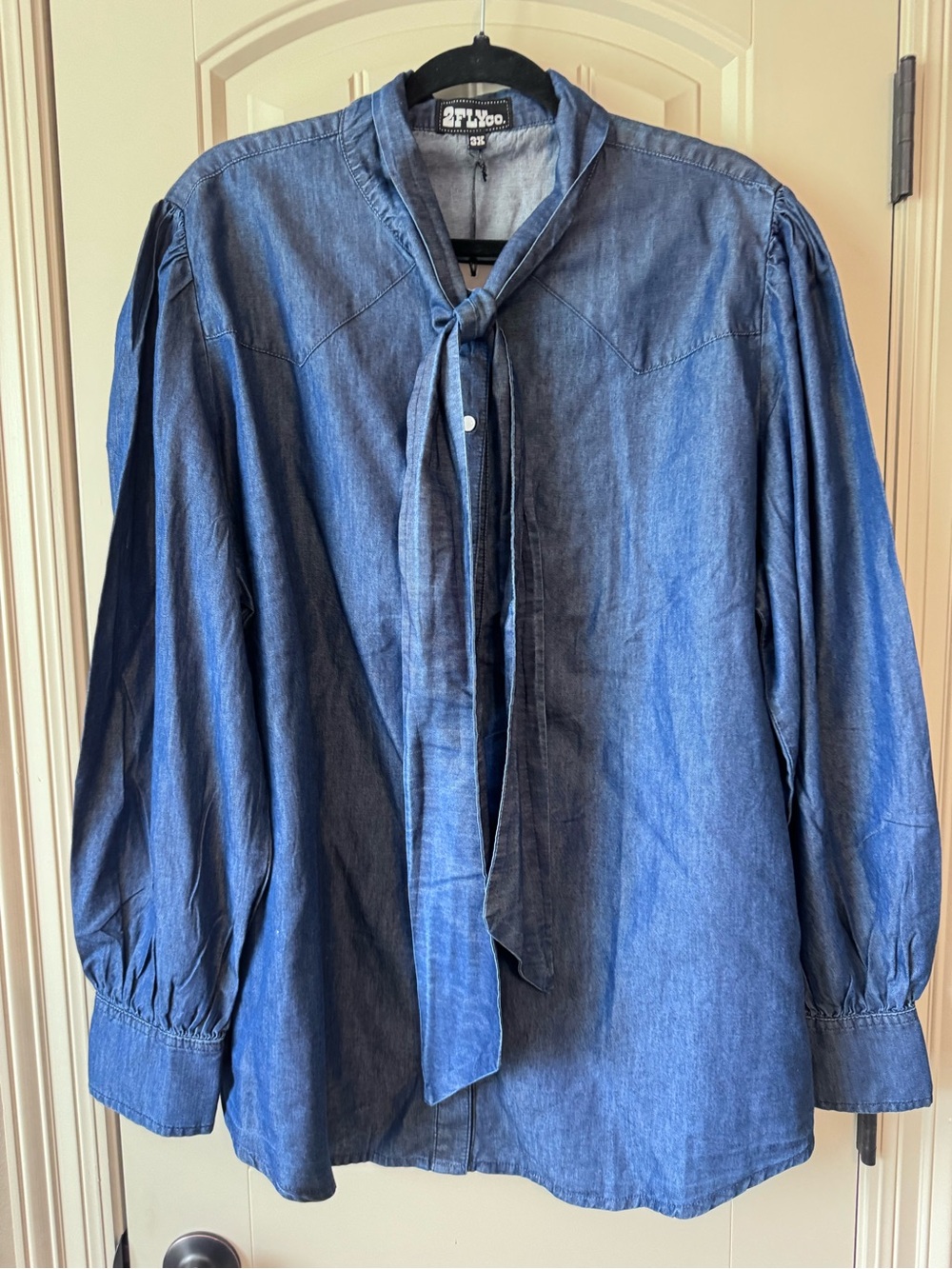 2Fly Co. Denim Tie-Neck Blouse - Dark Denim 3XL
